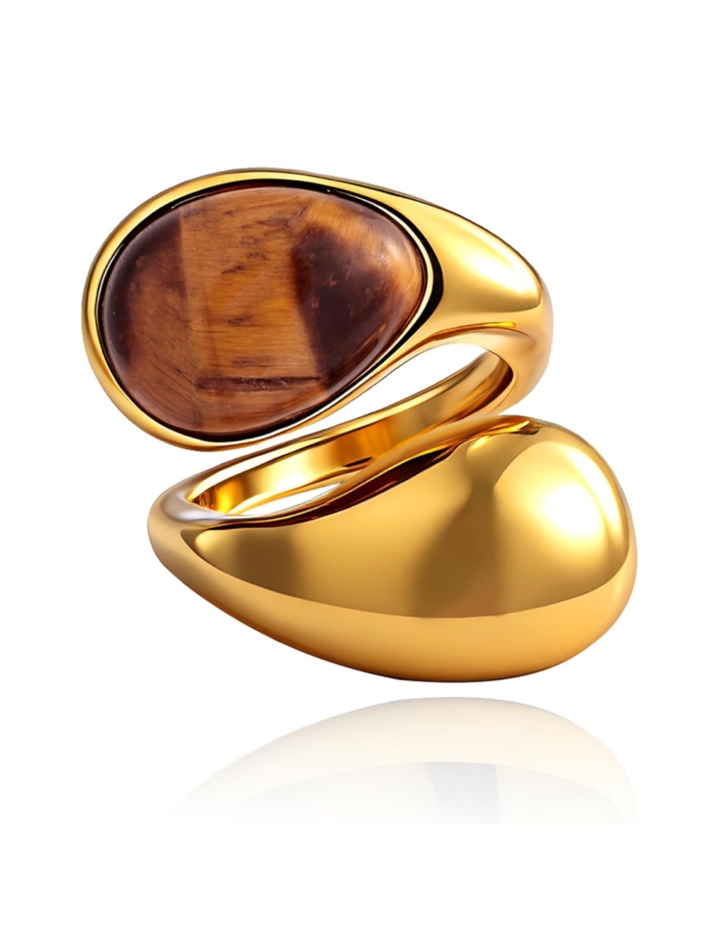 14K Gold Plated Tiger Eye Stone Chunky Open Ring Boho Vintage Ring One Size